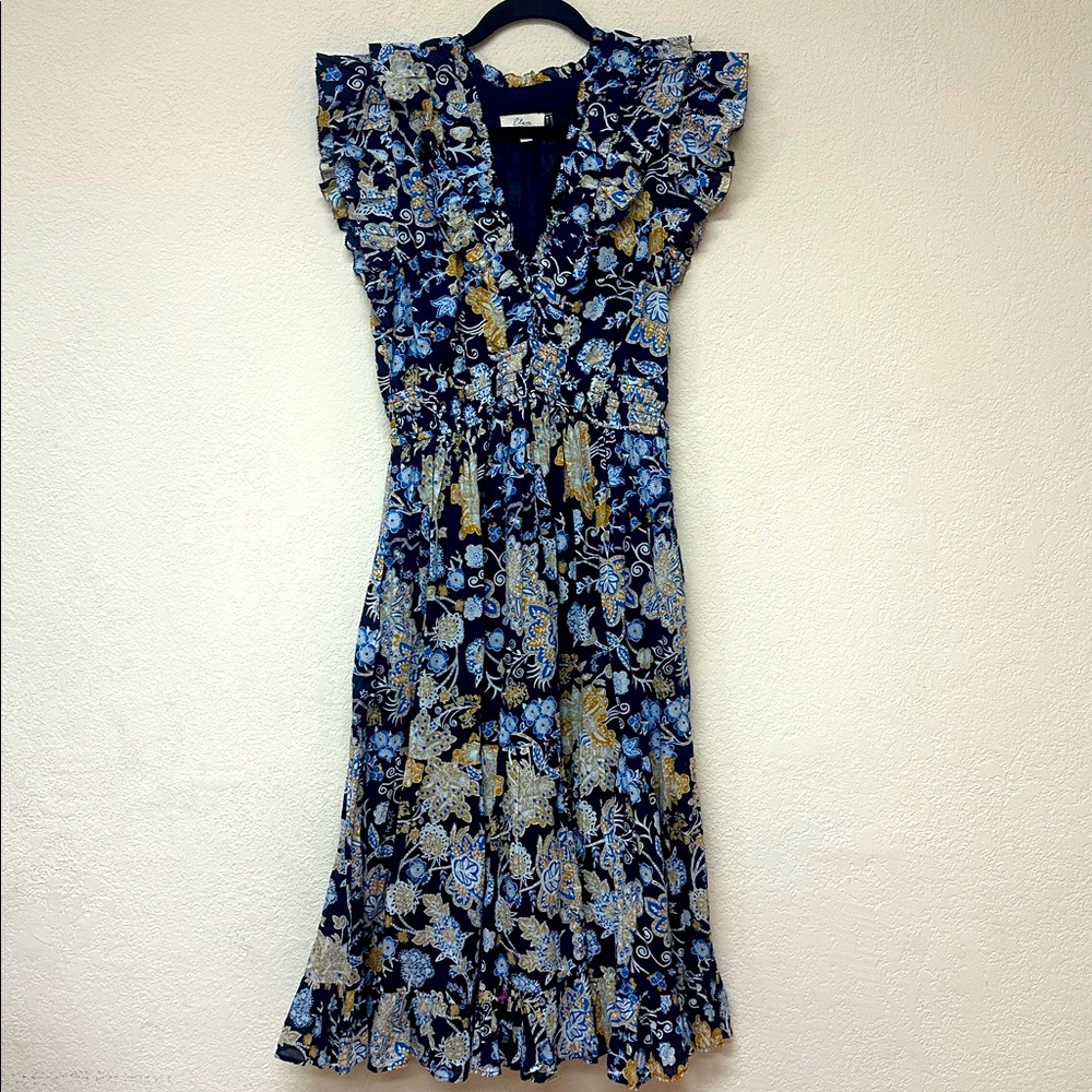 Elan Blue and Gold Floral Midi Dress